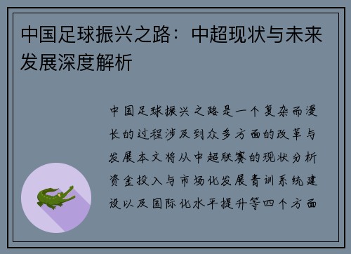 中国足球振兴之路：中超现状与未来发展深度解析