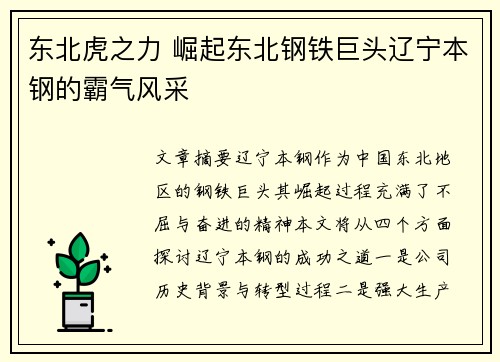 东北虎之力 崛起东北钢铁巨头辽宁本钢的霸气风采