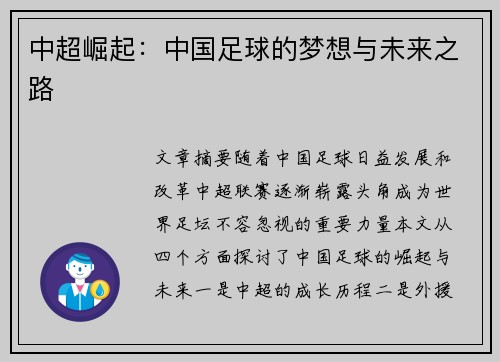 中超崛起：中国足球的梦想与未来之路